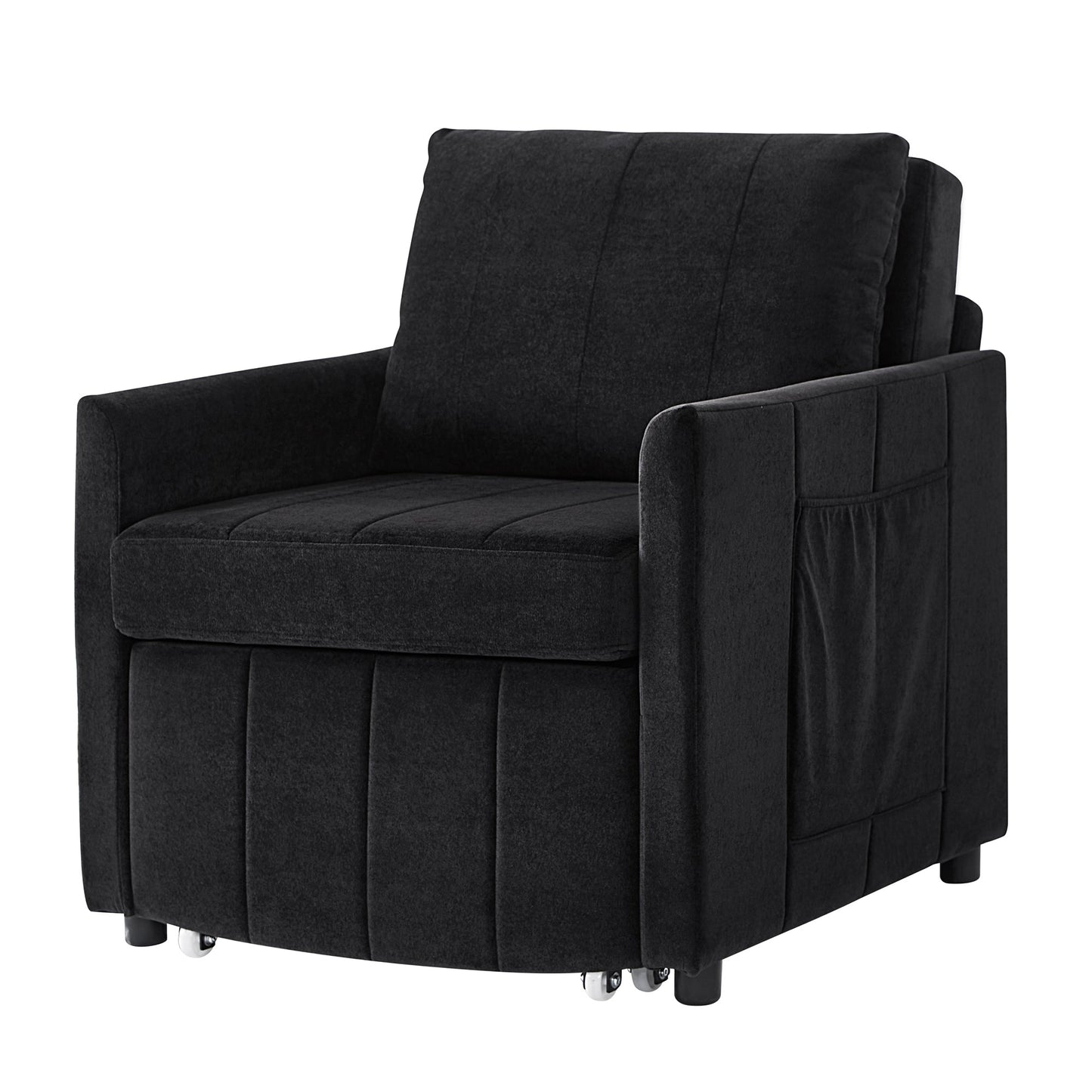 NEW Black Chenille Upholstered Convertible Sleeper Sofa with 5-Position Backrest Side Pockets Storage