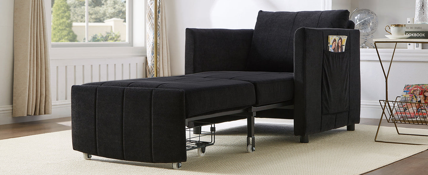 NEW Black Chenille Upholstered Convertible Sleeper Sofa with 5-Position Backrest Side Pockets Storage