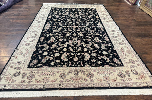 USED Sino Persian Rug 6x9, Black and Ivory, Wool and Silk Highlights, Handmade