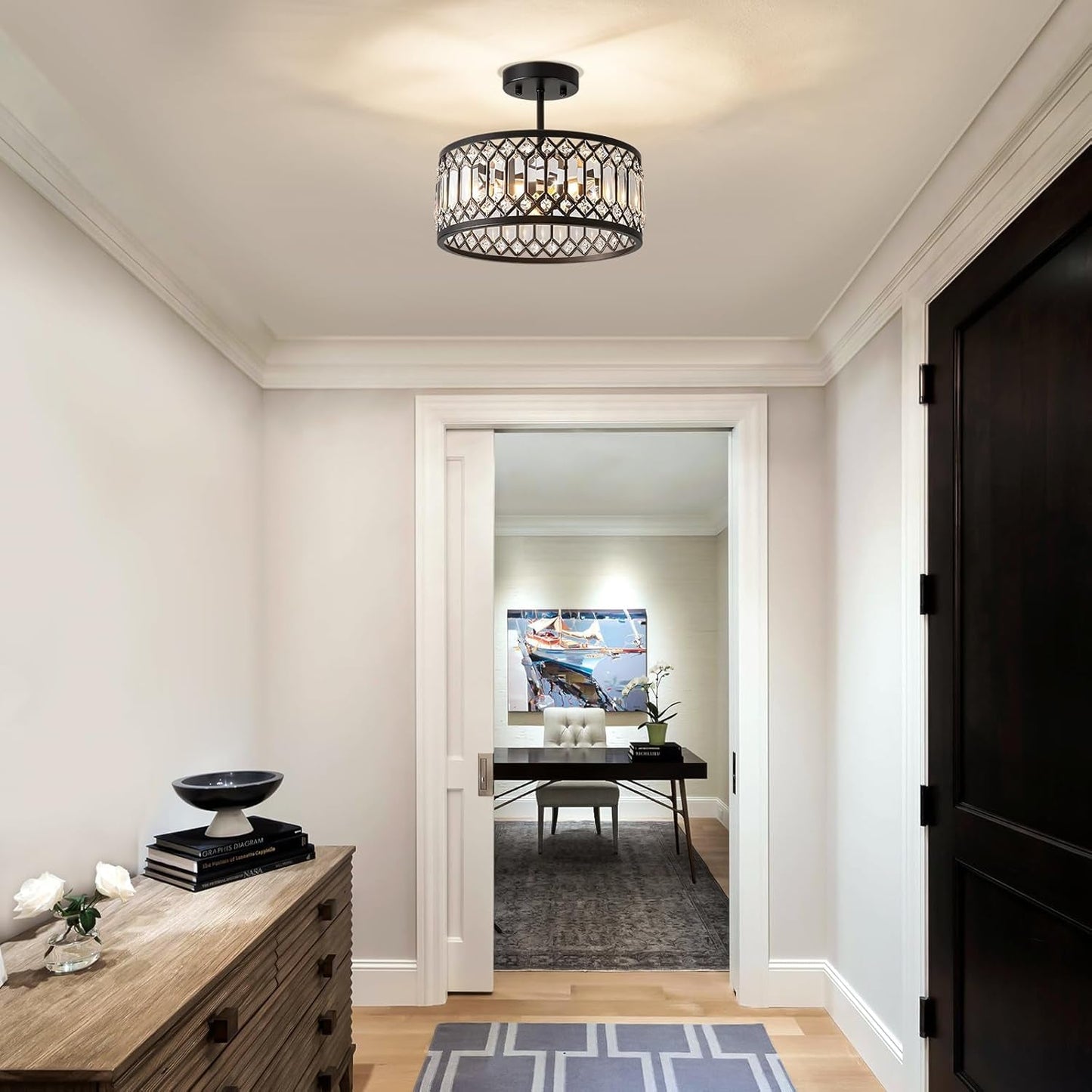 NEW Crystal Black Three Light Semi Flush Mount Ceiling Light