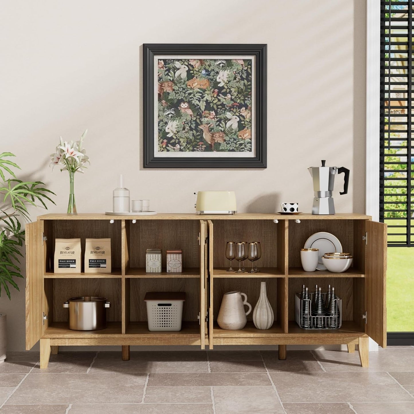 NEW 63 Inch Buffet Cabinet White With Blue Water Pattern