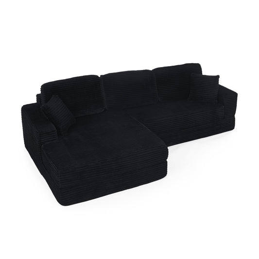 NEW Modern Minimalist L-Shape Modular Sectional Sofa Bed with Corduroy Fabric in Black