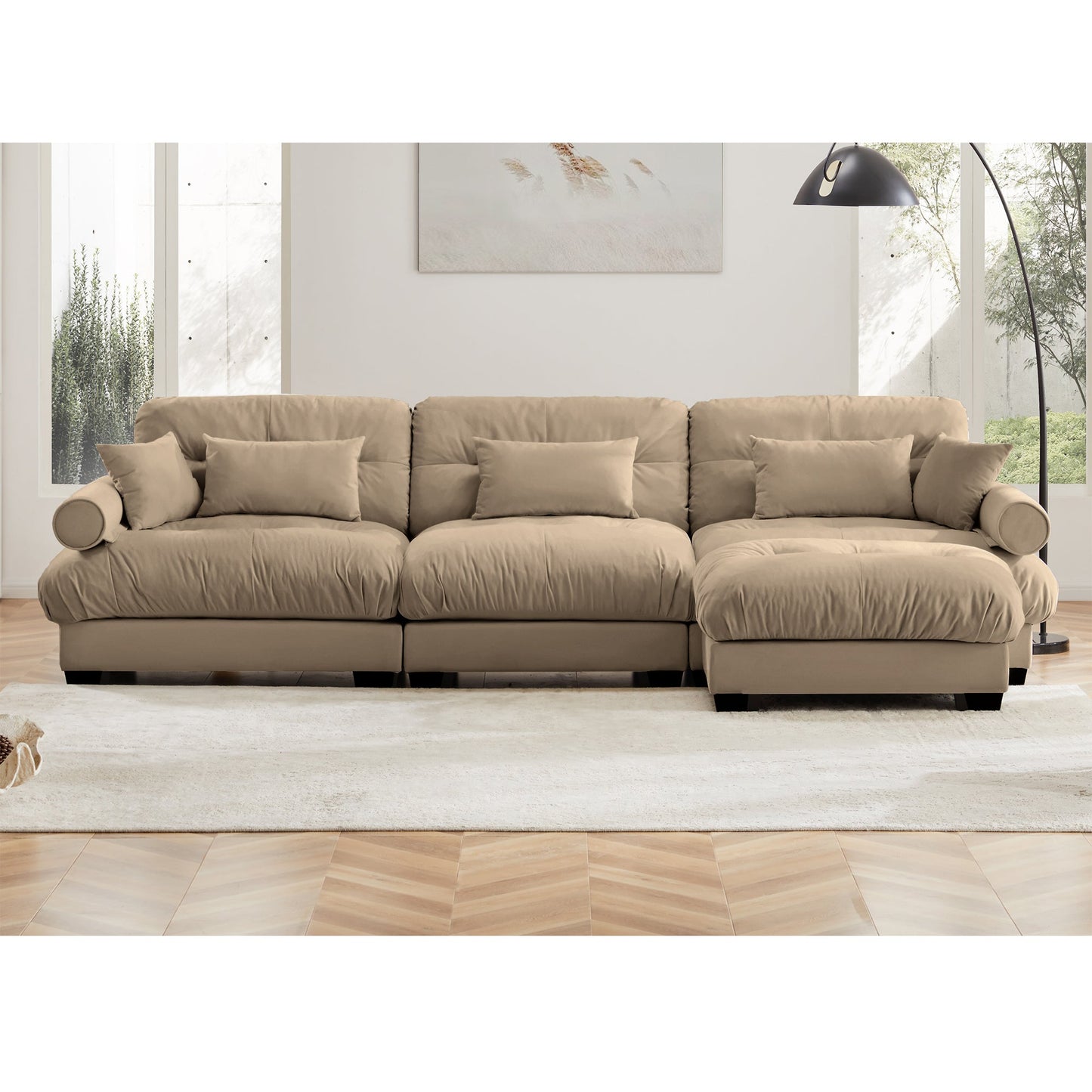 NEW Super Comfort Oversized Modular Camel Velvet Convertible L Shaped Couch Sectional Sofa with Movable Ottoman