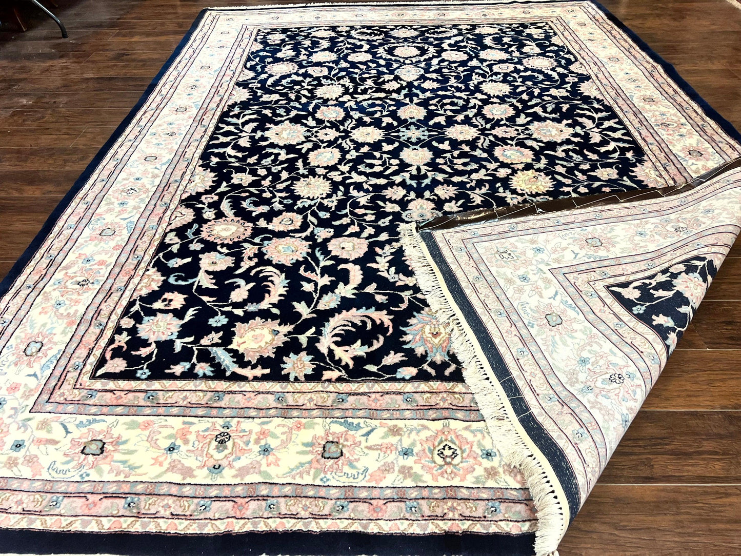 USED Indo Persian Rug 9x12, Navy Blue and Ivory/Cream, Floral Allover, Wool Vintage Handmade Carpet