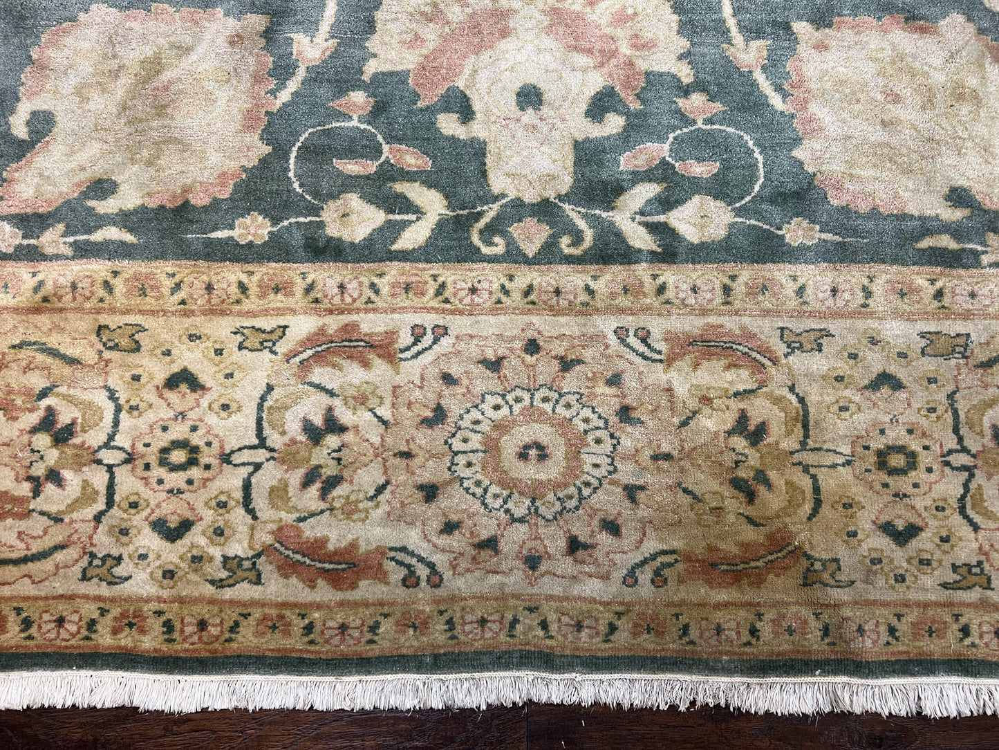 USED Egyptian Mahal Rug 10x14, Large Vintage Floral Hand Knotted Wool Carpet 10 x 14, Dark Green and Beige Traditional Handmade Persian Area Rug