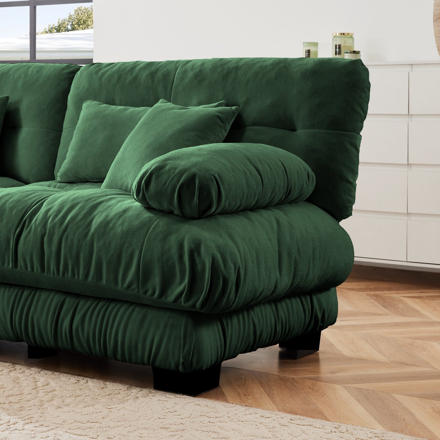 NEW Cloud Couch Sectional Sofa for Living Room, Chenille 2 Seater Sofa with 2 Lumbar pillows and 2 throw pillows , Upholstered Wide Arm Sofa with Convertible Ottoman,Chenille Green