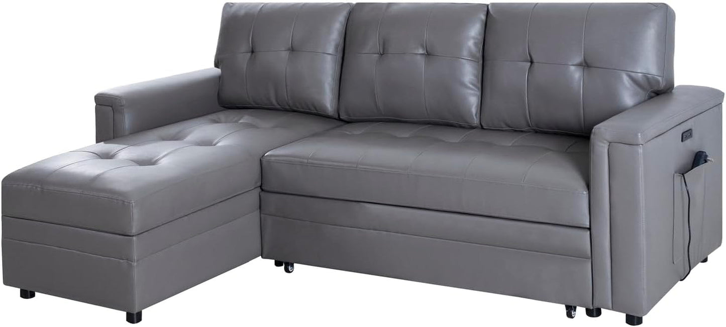 NEW L Shaped Sectional Sleeper Sofa With USB Ports Gray Leather