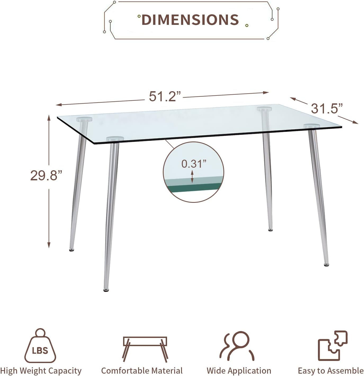 NEW Glass Dining Table For 4 51 Inch Clear Top For Home