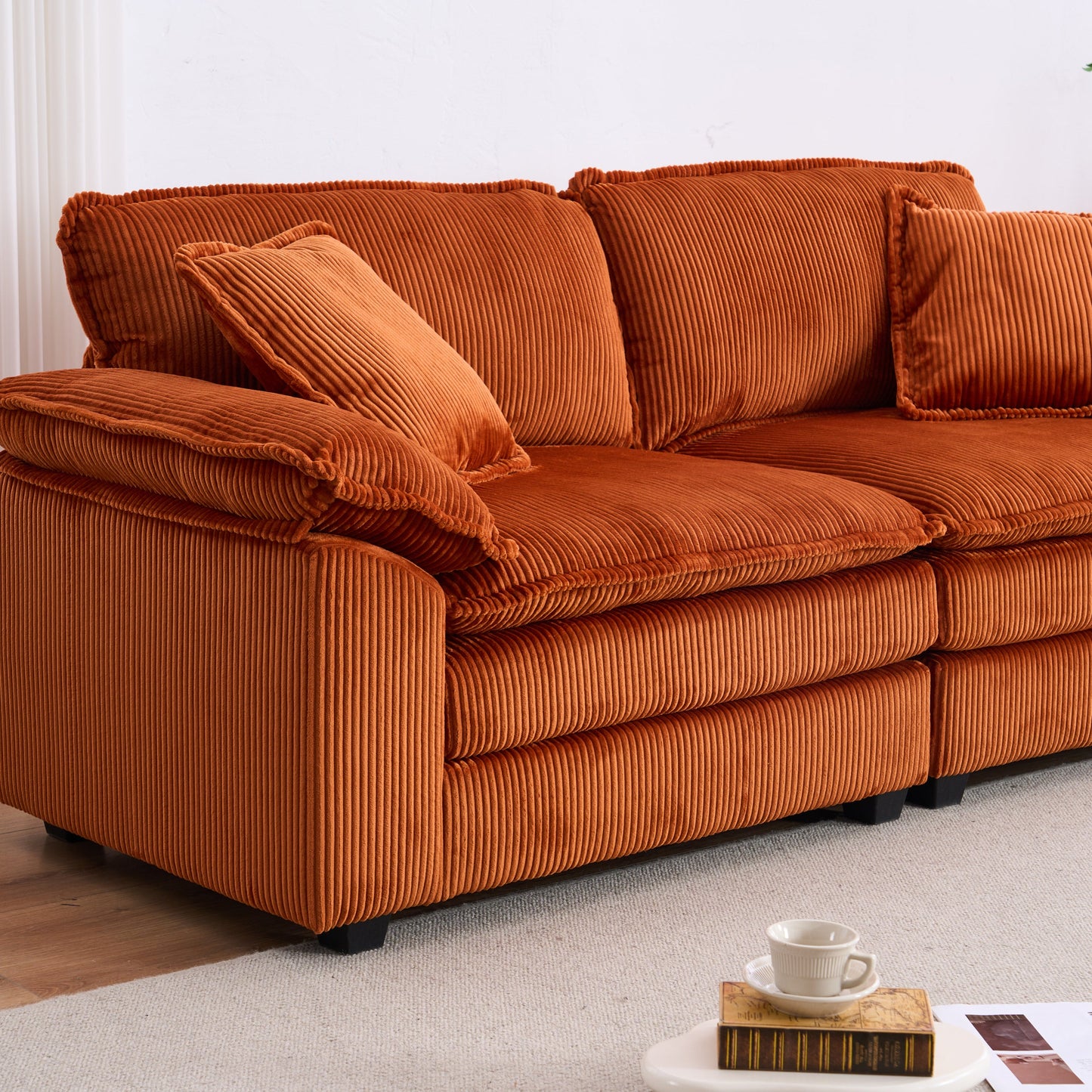 NEW Corduroy 2-seats sofa With 2 back pillows,2 toss pillows and two ottoman,Comfy Sofa- Deep Seat Couch for Living Room,Orange