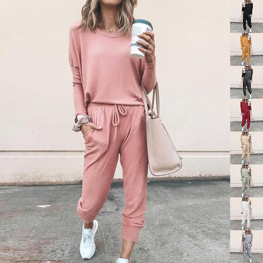 New Women's Long Sleeve Suit Fashion Pullover Top And Pockets Drawstring Long Pants Solid Color Casual Sports Trouser Suit Clothing