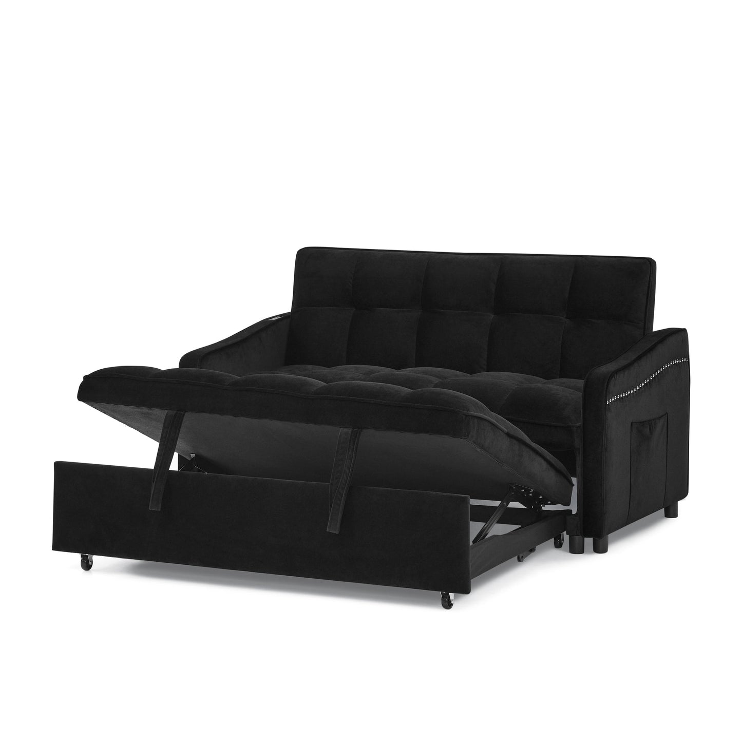 NEW Loveseats Sofa Bed with Pull-out Bed,Adjsutable Back and Two Arm Pocket,TypeC and USB Charging with Copper nail,Black (47'x53'x31')