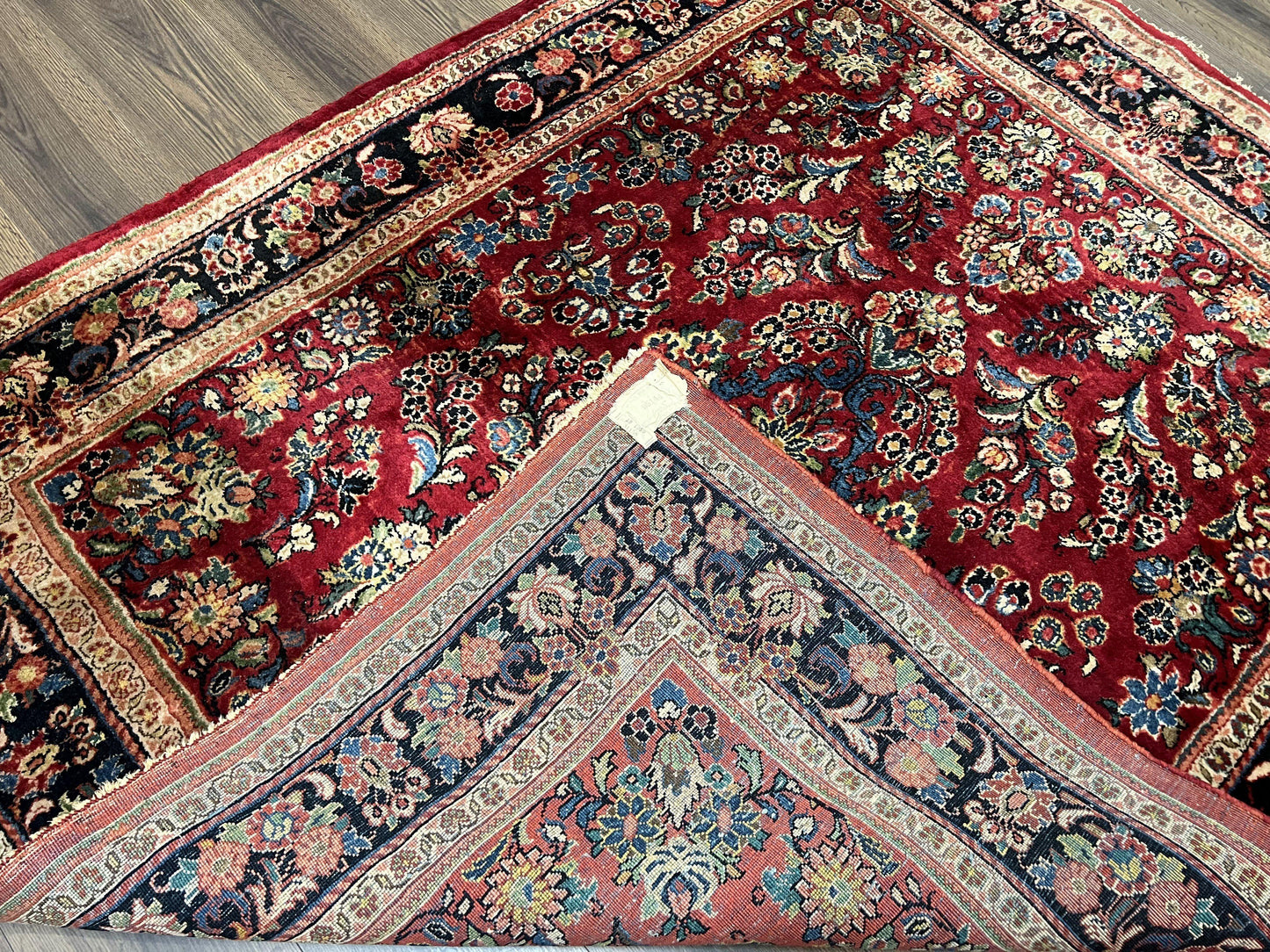 USED Rare Persian Almost Square Rug 6.3 x 5.3, Hand Knotted Wool Antique 1920s Sarouk Oriental Carpet, Red Navy Blue Beige, Floral Allover, 5x6 Area Rug