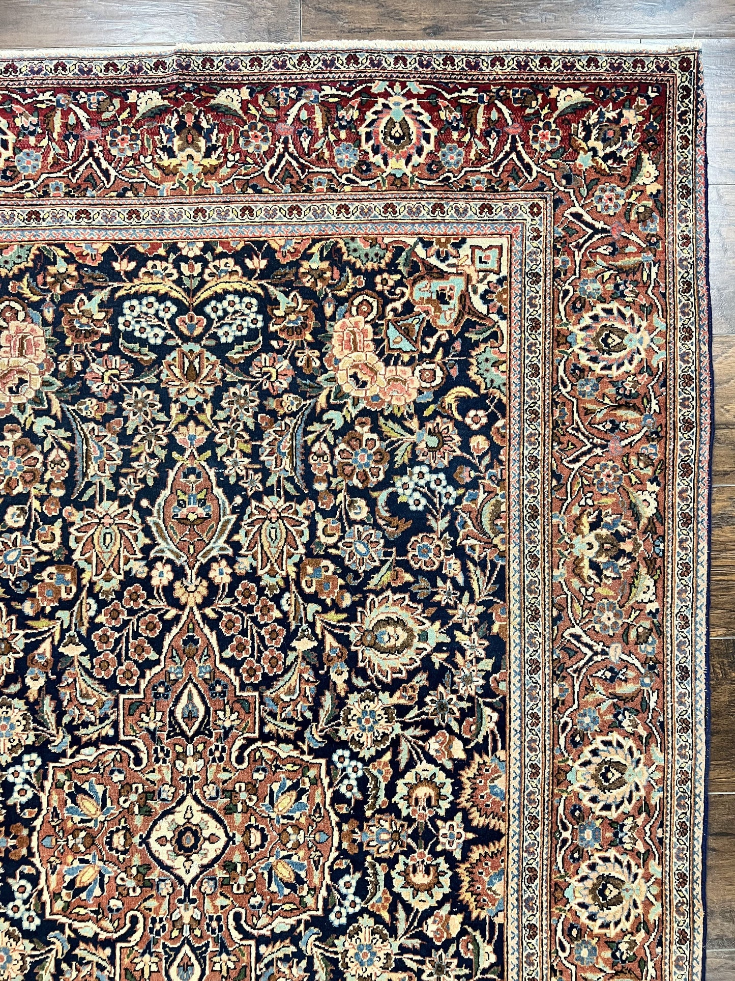 USED Persian Kashan Rug 4x7, Floral Medallion Vintage Handmade Hand Knotted Navy Blue & Red Wool Oriental Carpet, Highly Detailed Semi Antique Rug