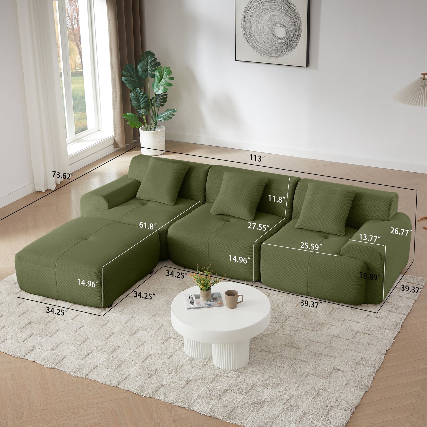 NEW Modern L-Shaped Modular Sectional Sofa in Green Corduroy, 113' Oversized 3-Seater with Deep Seat and Movable Ottoman – No Assembly Required