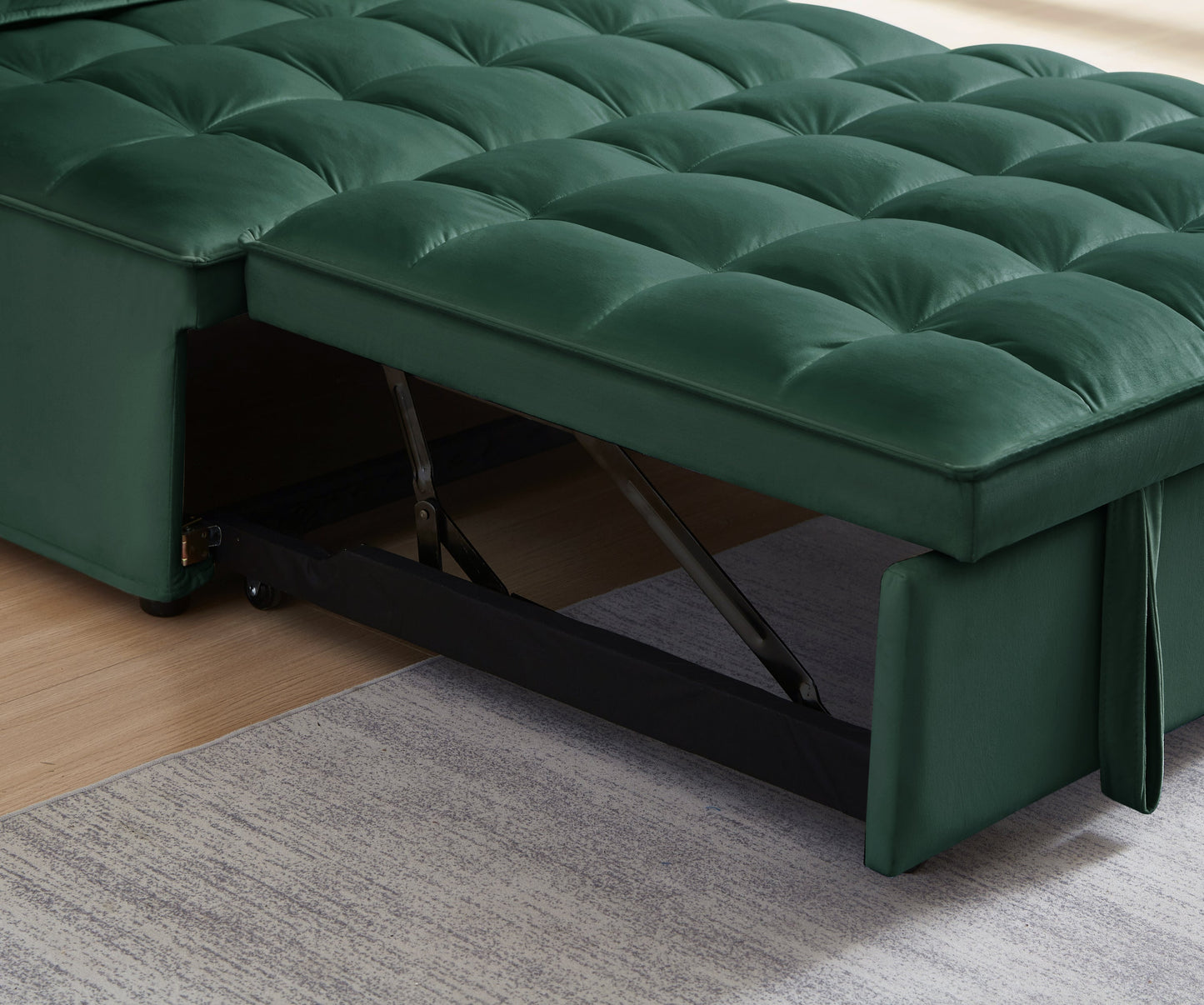 NEW Convertible Modern Green Velvet Fabric Double Seat Loveseat Sleeper Sofa Bed with 2 Detachable Backs
