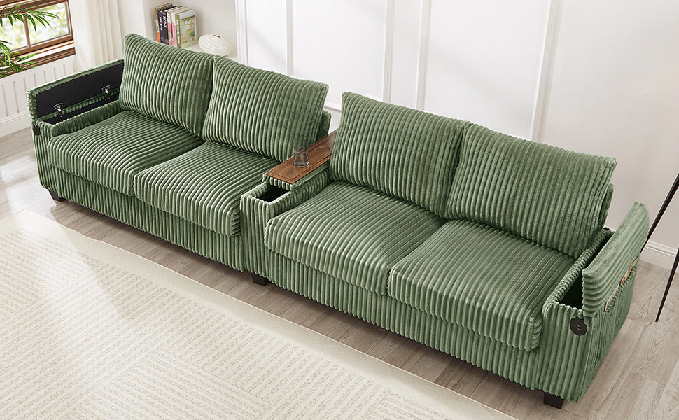 NEW Modern 4-Seater Green Corduroy Sofa with USB Ports Hidden Storage Arms and Flip-Top Cup Holders