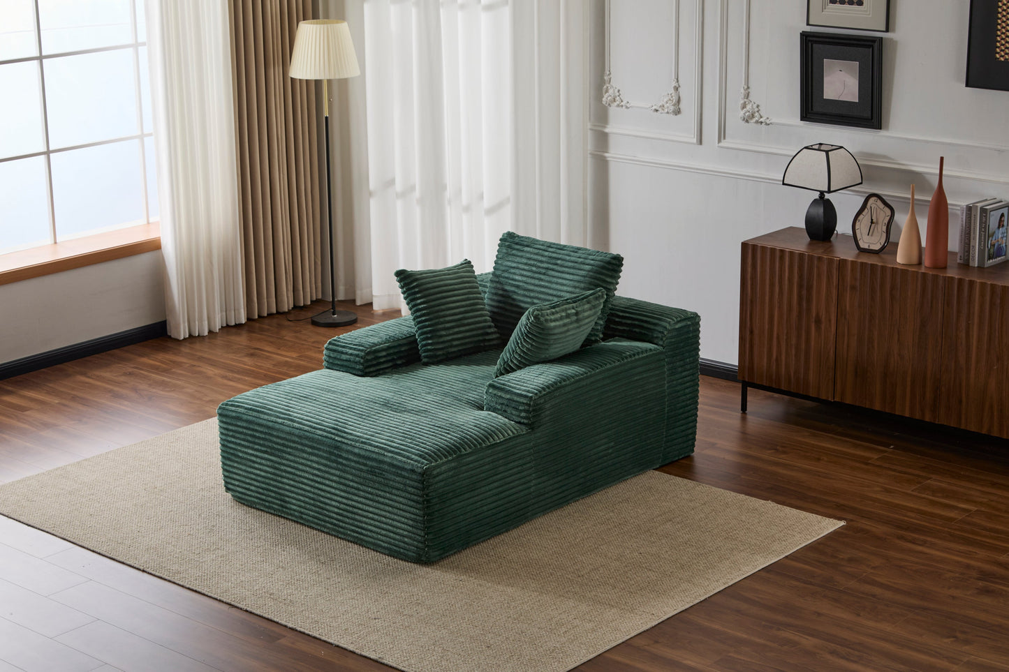 NEW Oversized Chaise Lounge Chair Cozy Cloud Couch Modern Plush Green Corduroy Upholstered Sleeper Sofa Daybed with 3 Throw Pillows and Wide Armrest