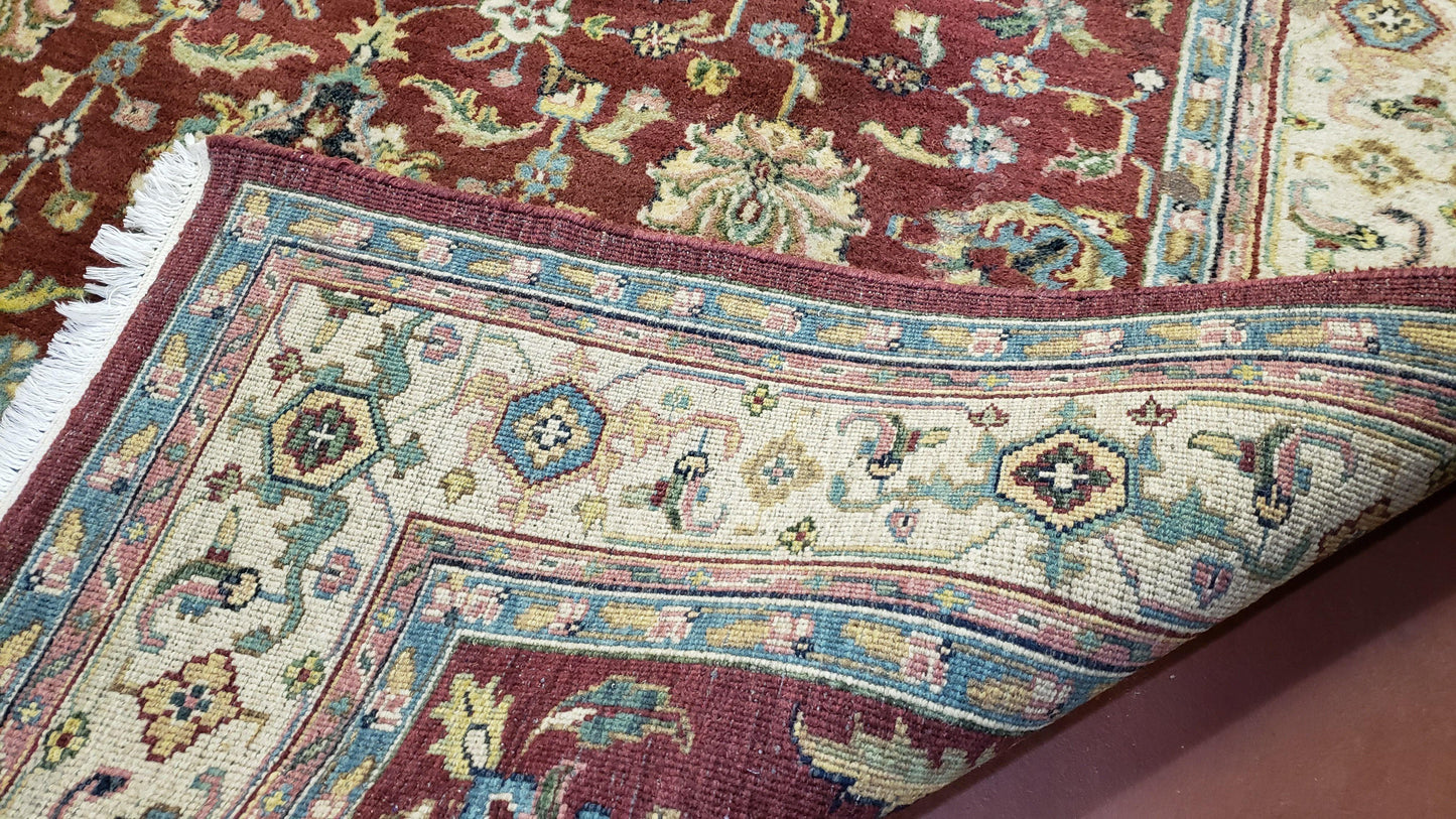 USED 8x12 Indo-Mahal Rug, Floral Allover, Red & Beige, Wool Vintage Handmade Traditional Carpet