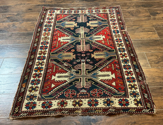 USED Antique Shirvan Caucasian Rug 3x5, Geometric Pattern, Red Navy Blue Beige