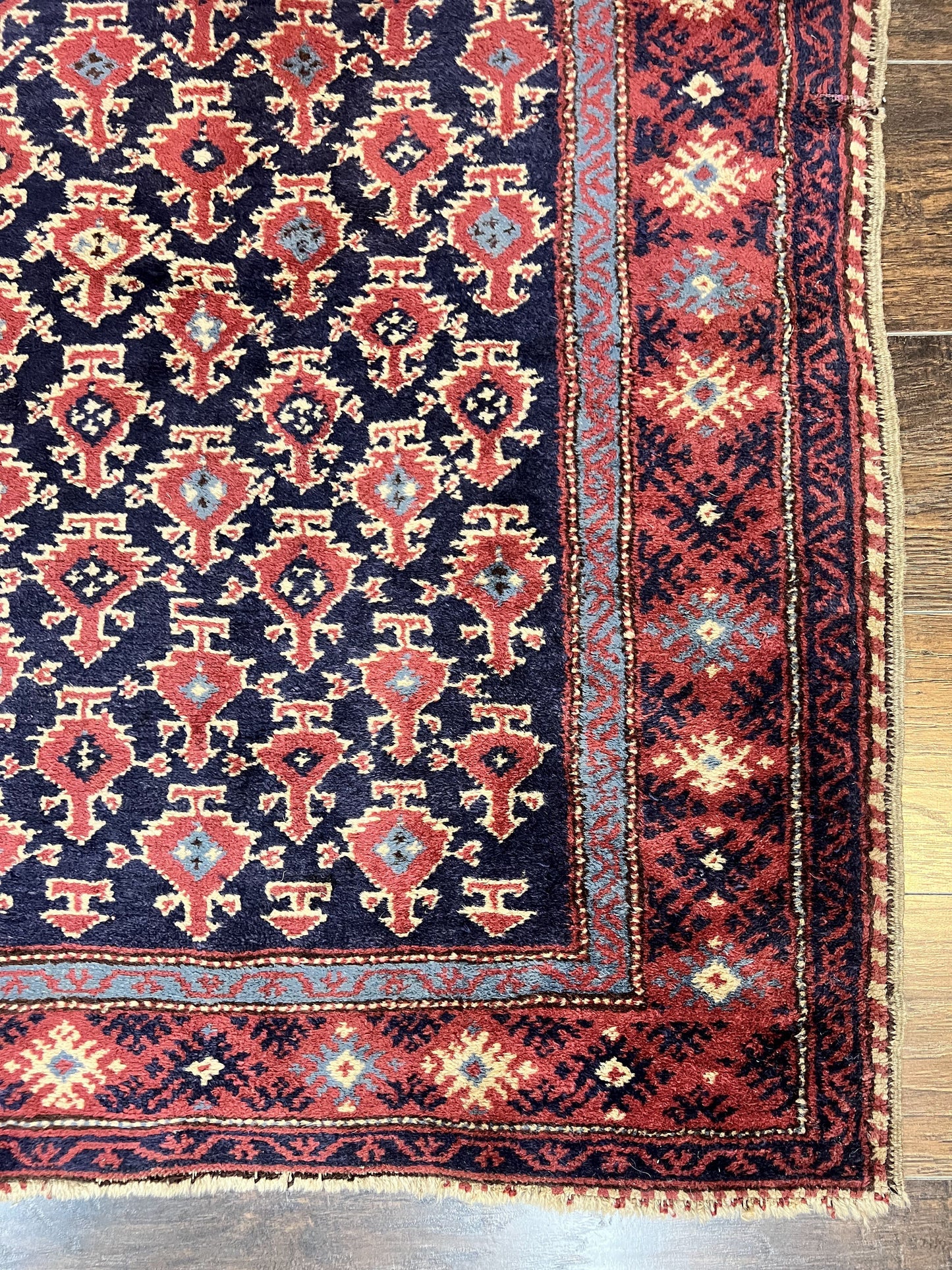 USED Turkish Sparta Rug 3x4, Allover Pattern, Navy Blue and Red, Antique Ispara Oriental Carpet 3 x 4, Small Turkish Handmade Vintage Wool Rug