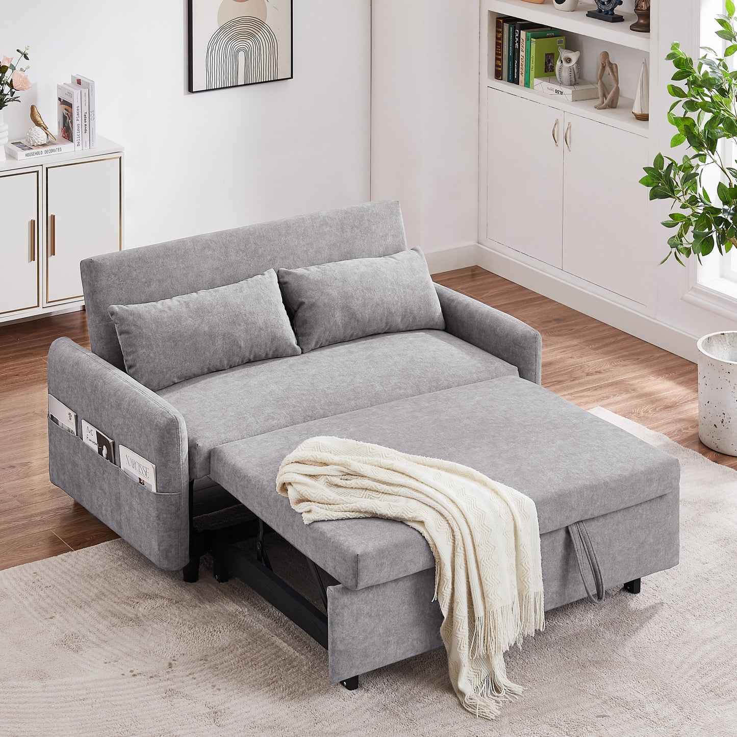 NEW Contemporary Grey Pull Out Sleep Sofa Bed Loveseat with Adjustable Backrest Storage Pockets USB Ports and 2 Soft Pillows