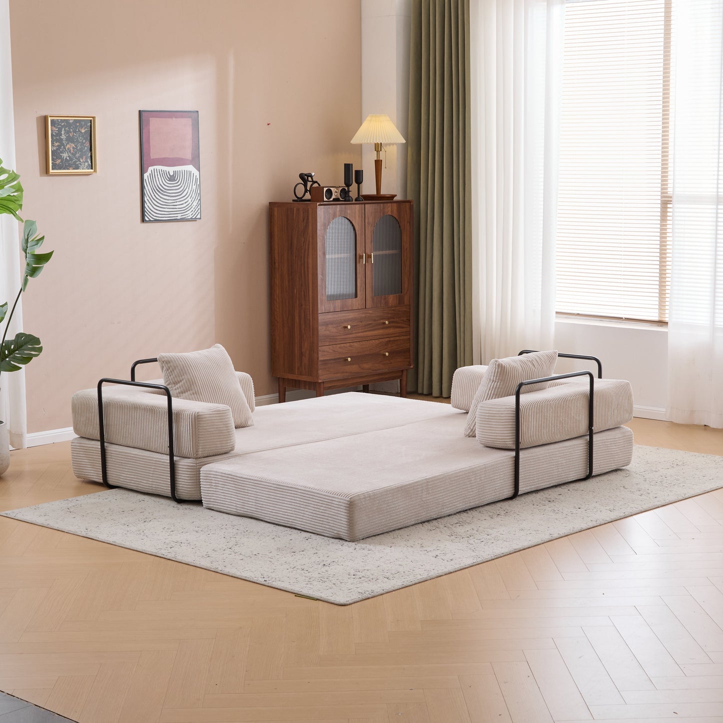 NEW Floor Compression Convertible Comfy Futon Lounge Sleeper Bed Floor Couch Sofa Bed with Pillow Back Support Armrest in Light Gray Corduroy Fabric