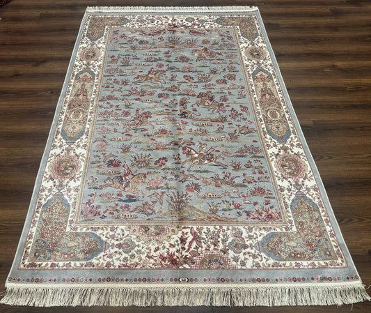 USED Turkish Silk Rug 5x7, Hunting Design, Animal Pictorials, Bamboo Silk