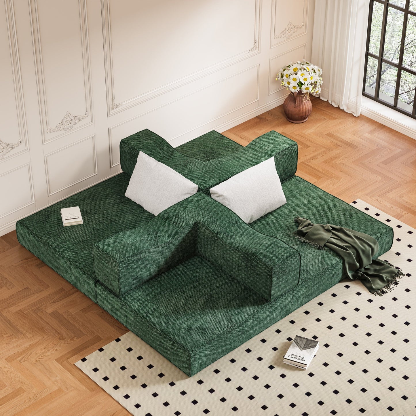 NEW 80 ' Convertible Couch Bed with 2 Pillows, 3-Seat Folding Floor Couch & King Size Bed Mattress, DIY Combination, Chenille, GREEN