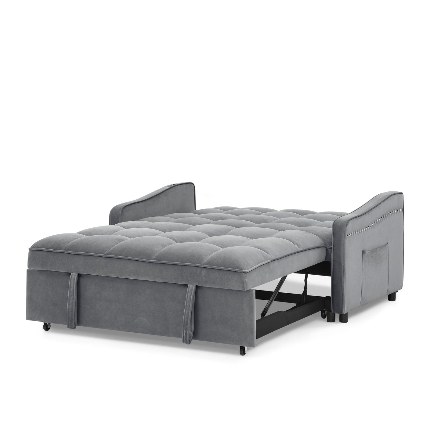 NEW Grey Copper Nail Loveseat Sofa Bed with Pull-out Bed Adjustable Back and Two Arm Pocket TypeC USB Charging