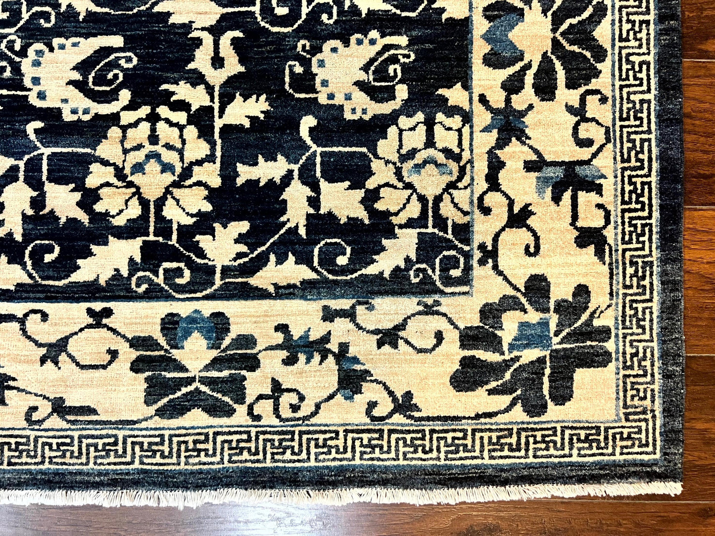 USED Sino Persian Rug 6x9, Hand Knotted Wool Carpet, Floral Allover, Blue Cream-Tan