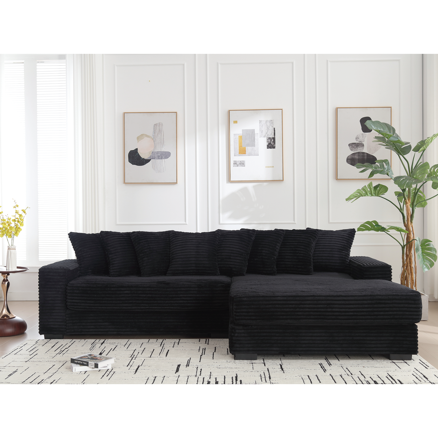 NEW Oversized Black Two-Piece Couch L Shaped Sofa Corduroy Right Chaise Daybed with Armrests Eight Throw Pillows