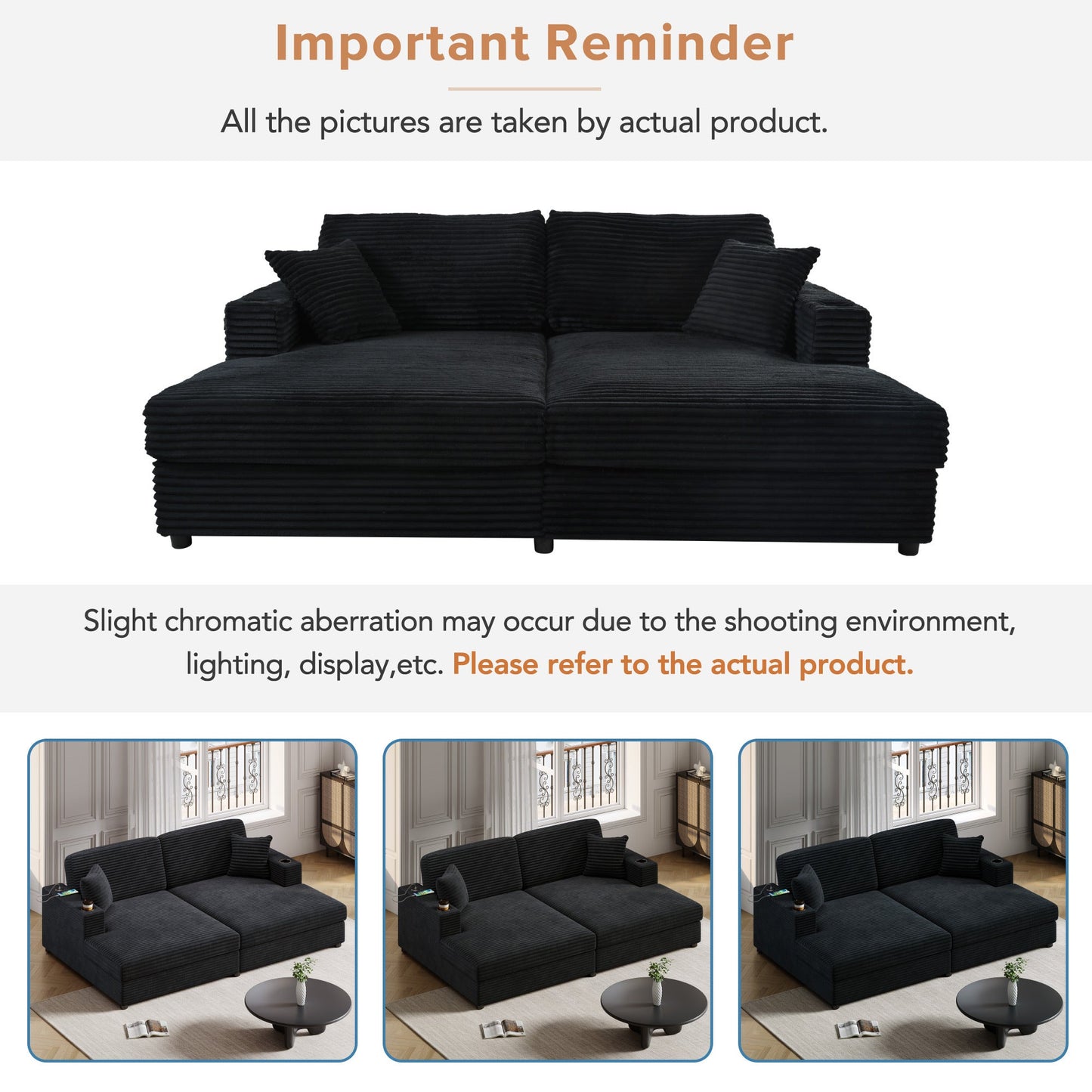 NEW Black Corduroy Oversized Loveseat Chaise Lounge Sectional Sofa Bed with USB Ports Cup Holders and Pillows