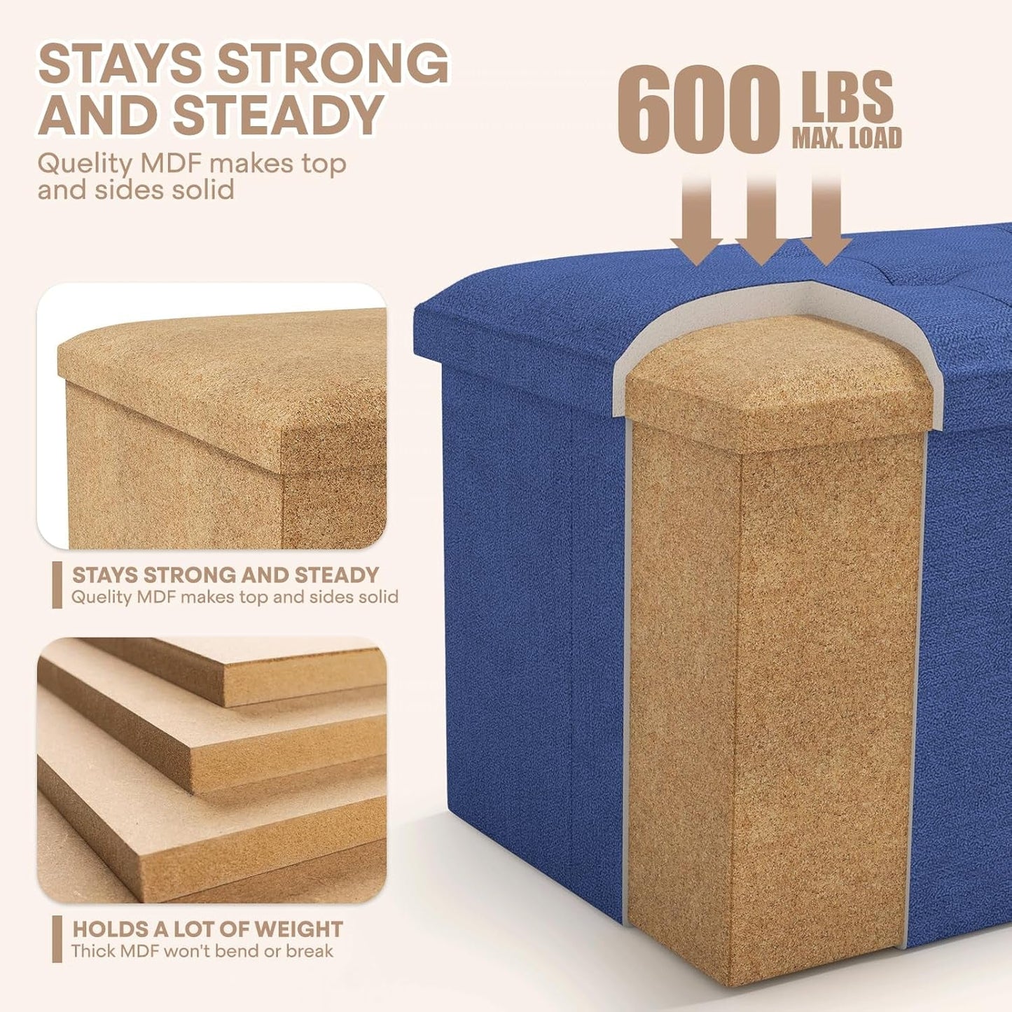 NEW Navy Blue Folding Storage Ottoman Organizer 43Inch