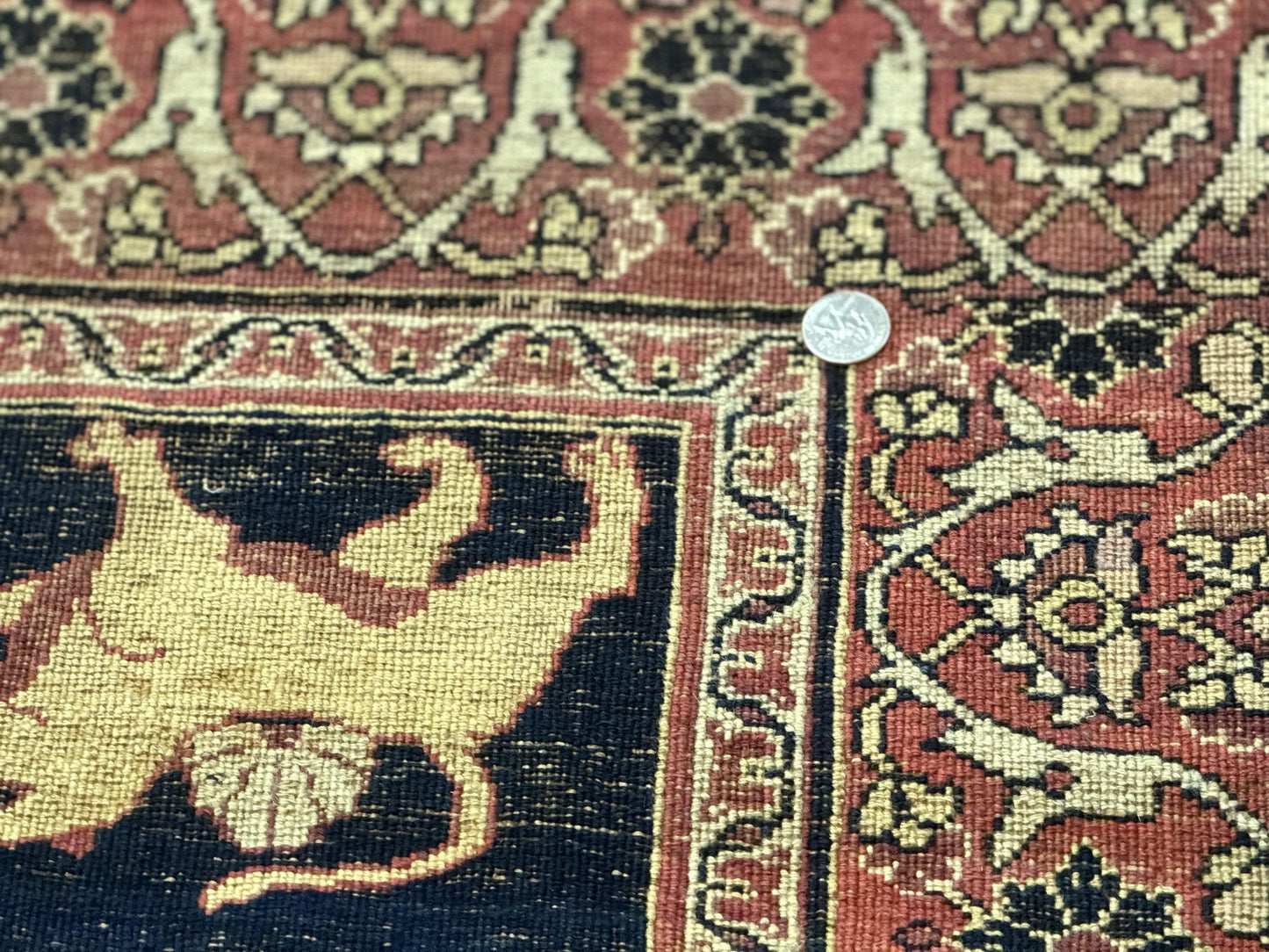 USED Antique Persian Mashad Rug 4x6, Semi Open Field, Navy Blue, Lion Pictorials, Triple Medallion, Dorokhsh Rug