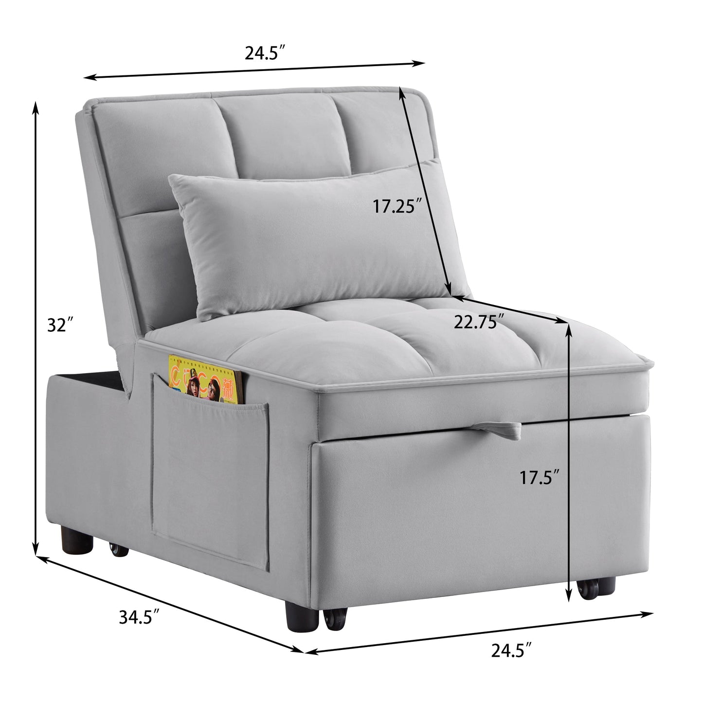 NEW 4 in 1 Multi-Function Grey Tufted Single Convertible Chaise Lounge Pull-Out Sofa Bed with Storage Pockets with Adjustable Backrest and Pillows