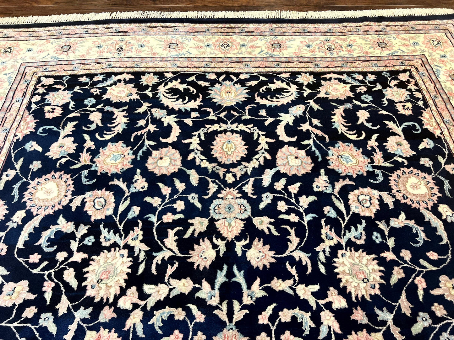 USED Indo Persian Rug 9x12, Navy Blue and Ivory/Cream, Floral Allover, Wool Vintage Handmade Carpet