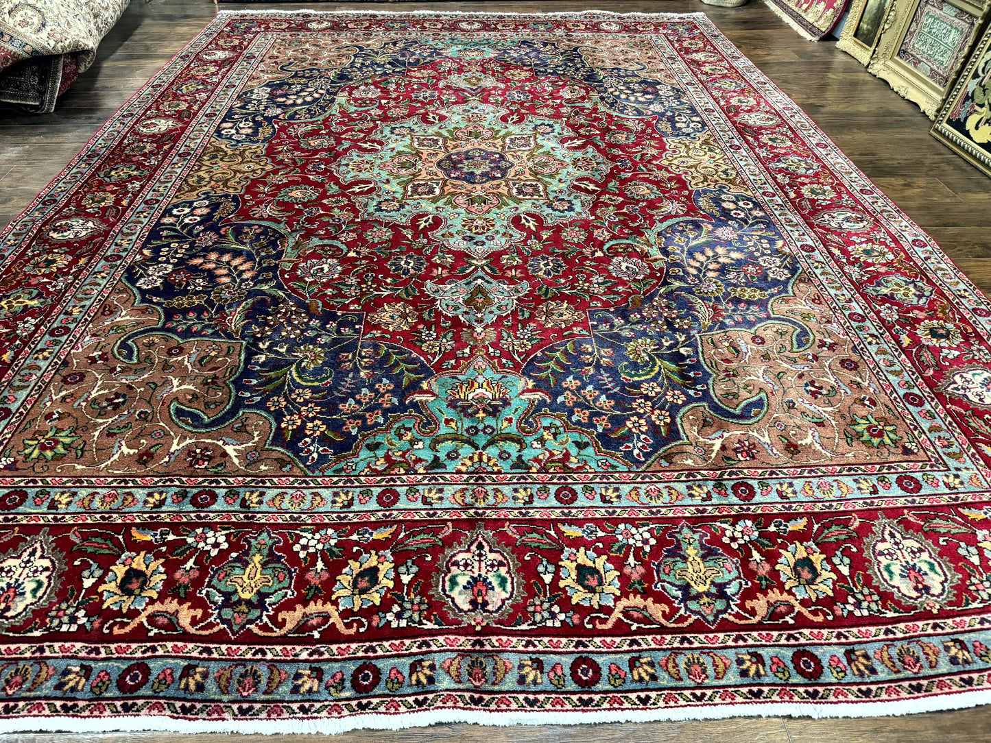USED Wonderful Persian Tabriz Rug 10x14, Antique Persian Carpet, Handmade Wool Rug, Floral Medallion, Red Navy Blue, Colorful, Large Persian Area Rug