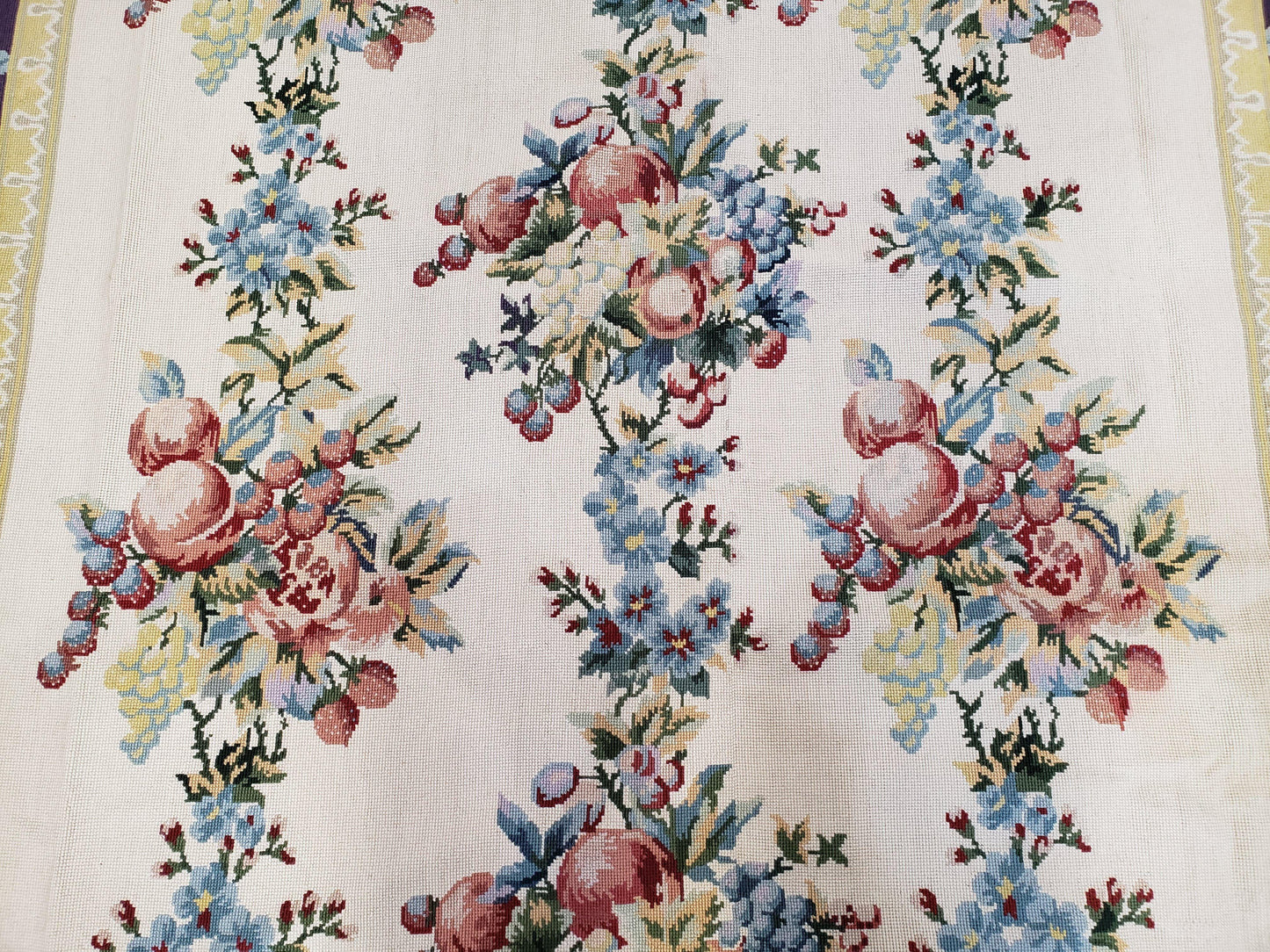 USED Vintage Chinese Floral Needlepoint Area Rug 6x9, Wool Hand-Woven Handmade Flatweave Rug, Ivory & Purple, Fruits Grapes Apples, Dining Room