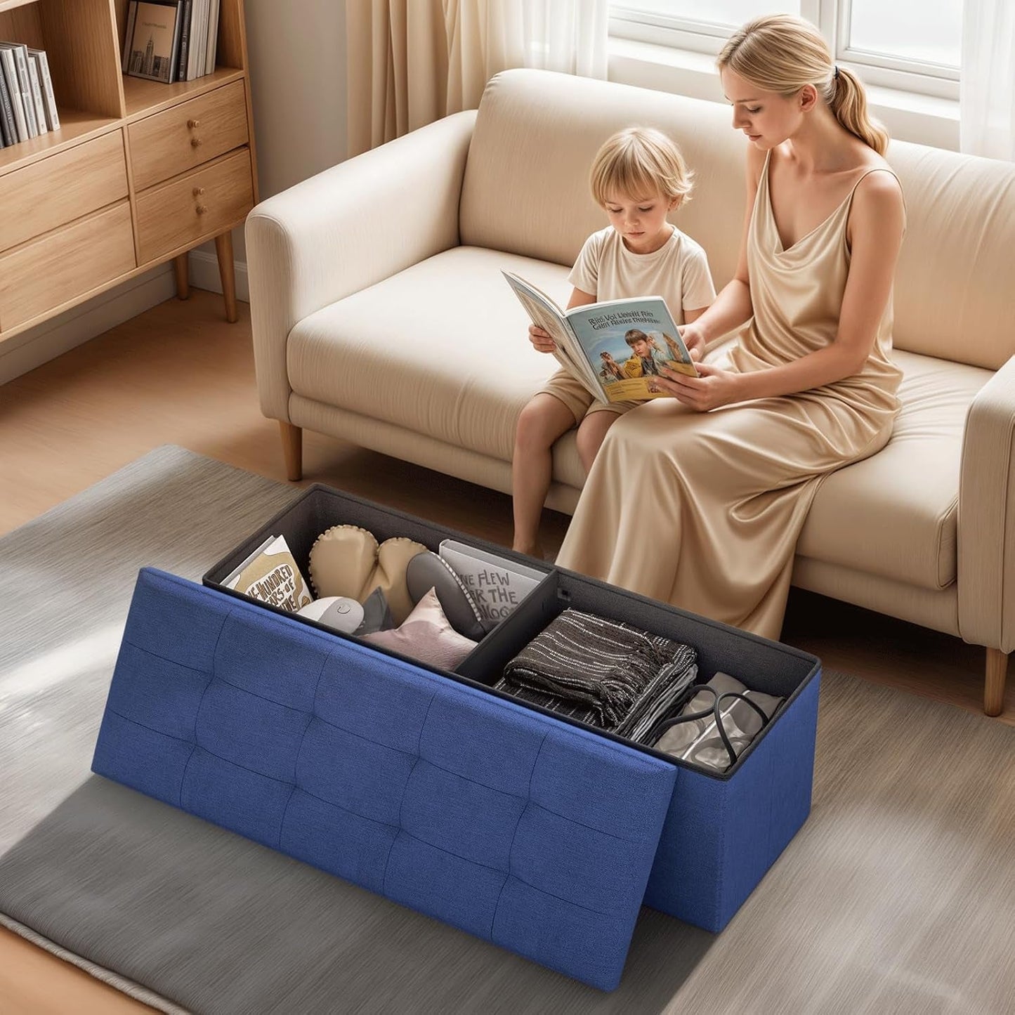 NEW Navy Blue Folding Storage Ottoman Organizer 43Inch