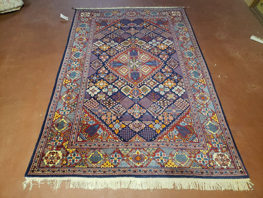 USED Wonderful Persian Kashan Rug 5x7, Dark Blue and Multicolor Panel Design, Wool Vintage Hand Knotted Carpet