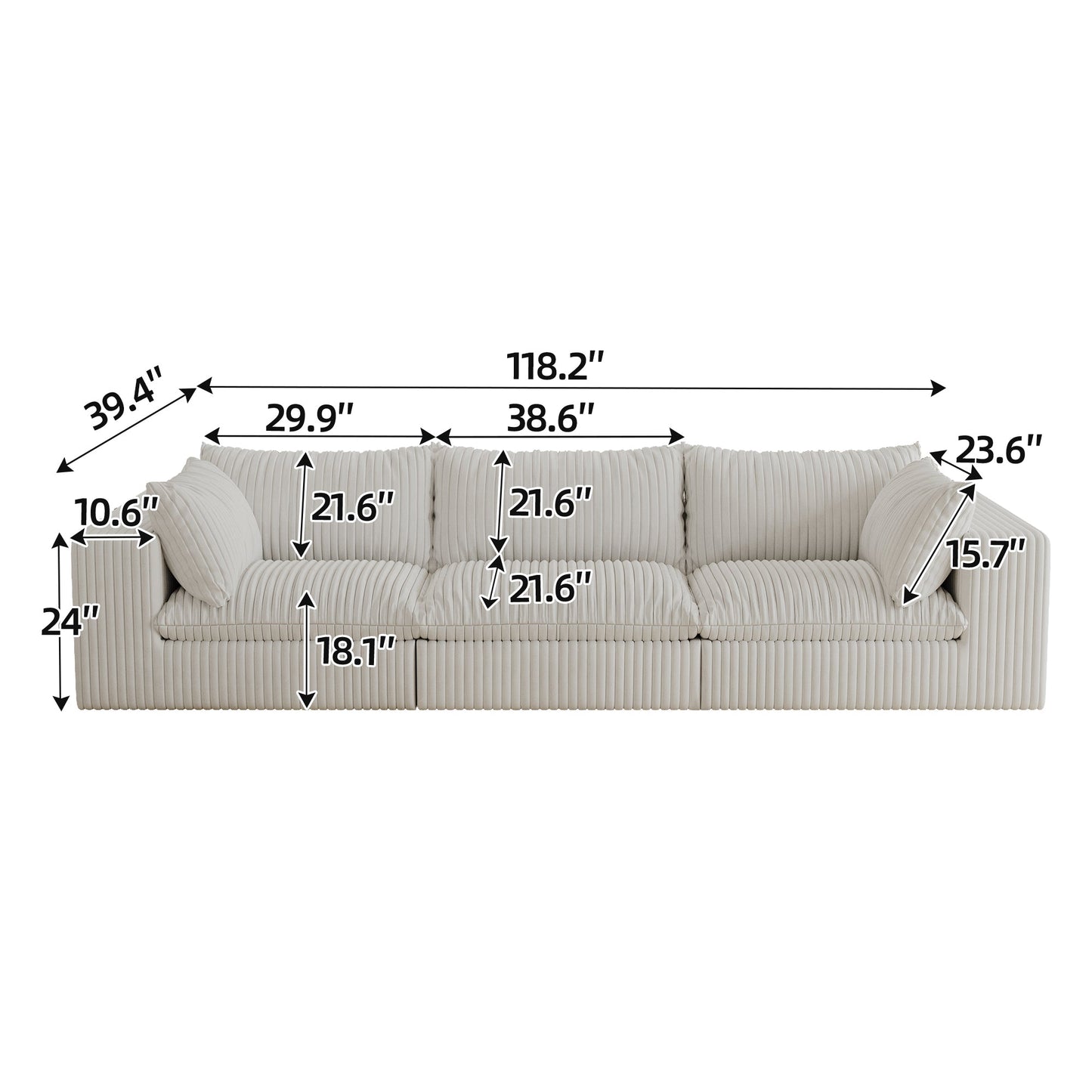 NEW 118.2' Cloud Corduroy Fabric Deep Seat Couch Deep Seat Removable Cushion Sofa
