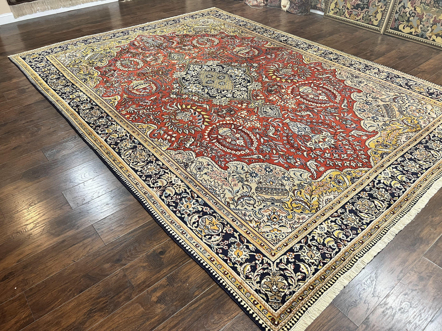 USED Wonderful Persian Qum Rug 10x14, Wool w/ Silk Highlights, Hand Knotted Semi Antique Vintage Carpet, Red, Floral, Fine Weave, Birds Deer Pictorials