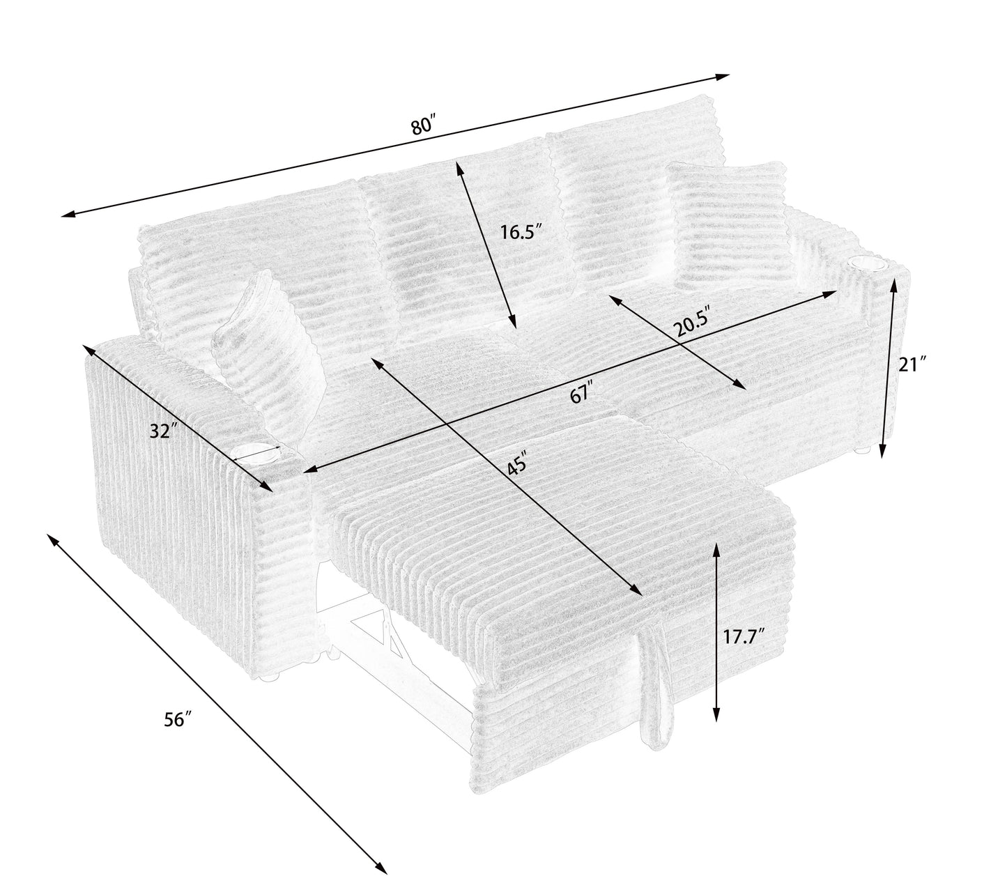 NEW 80-inch 2-in-1 Folding Black Corduroy fabric Sofa equipped with Cup Holder and Pillow