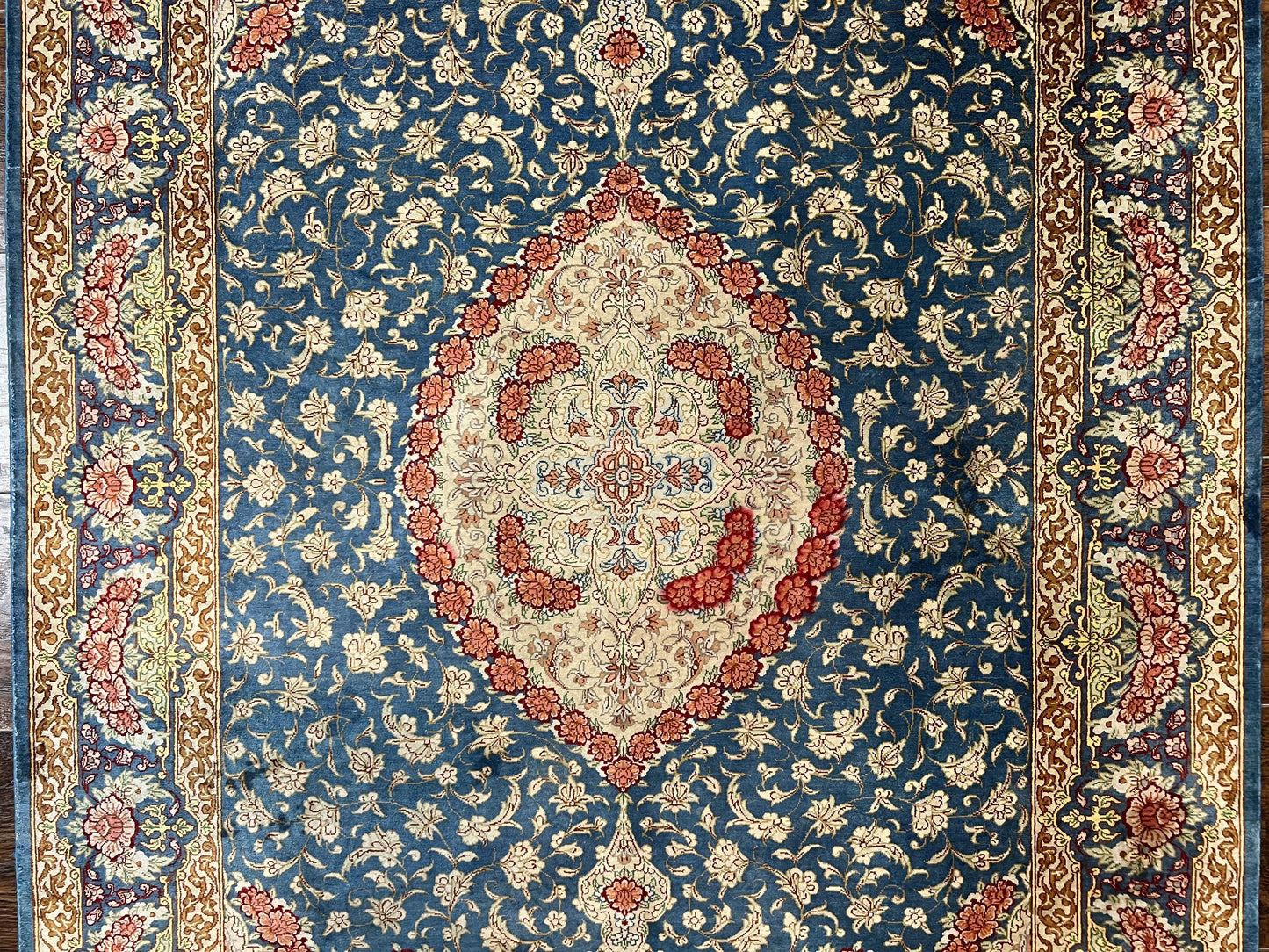 USED Magnificent Persian Qum Silk Rug 3x5, Blue, Super Fine 675 KPSI - 70 Raj, Floral Roses, Handmade Vintage Silk Carpet, Masterpiece