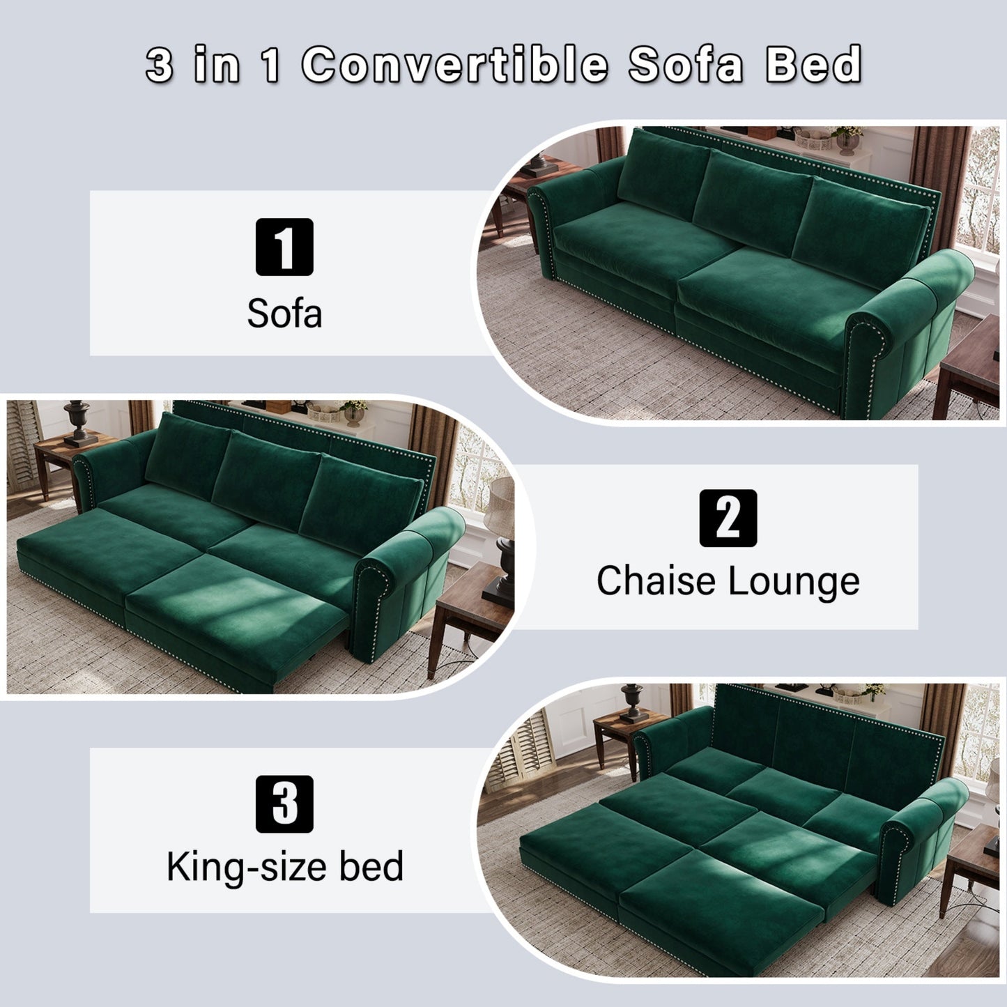 NEW 93.7' Green King 3-in-1 Velvet Convertible Sleeper Pull Out Sofa Bed with Nailhead Trim & Rolled Arm, Multi-Functional Sofa Bed