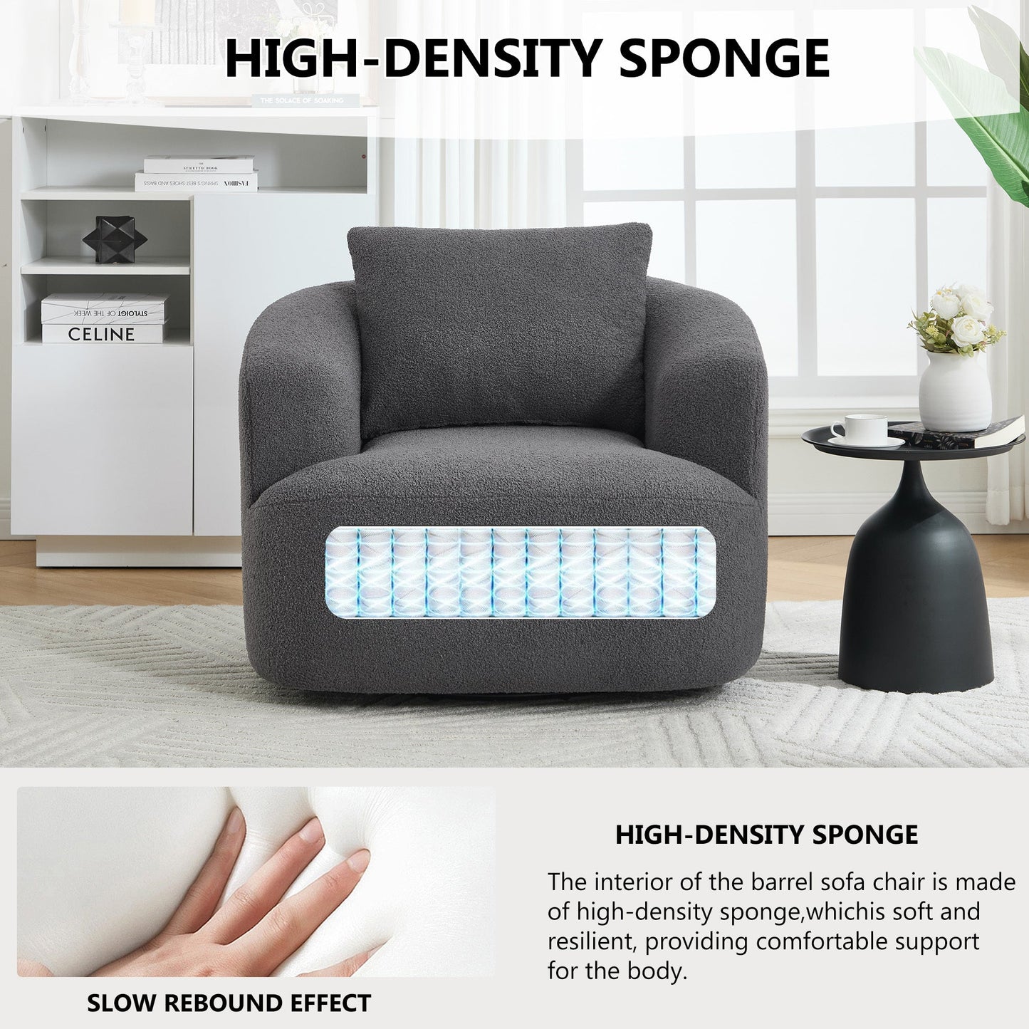 NEW 360° Swivel Round Upholstered Comfy Chair With One Soft Pillow, Teddy Fleece High-Resilience Sponge Single Sofa, No Assembly for Living Room, Bedroom, Apartment, Dark Grey.