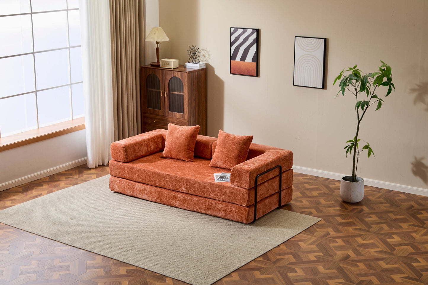 NEW Orange Chenille Fabric Comfy Futon Couch Lounge Sleeper Compression Convertible Floor Sofa Bed Couch with Pillow Back Support Armrest Bed