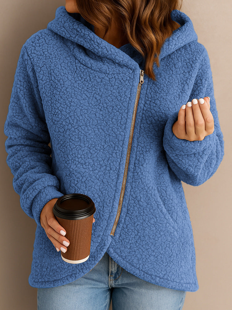 New Casual Loose Lambswool Long Sleeve Zipper Hoodie Coat