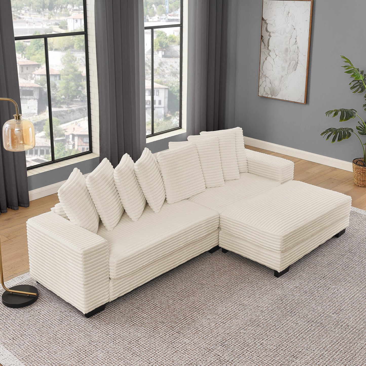 NEW Corduroy Tufted Upholstered Sleeper Sectional Sofa, L-Shaped Modular Convertible Sofa , Can freely change the position of the footrests-Beige(Assembly is required)