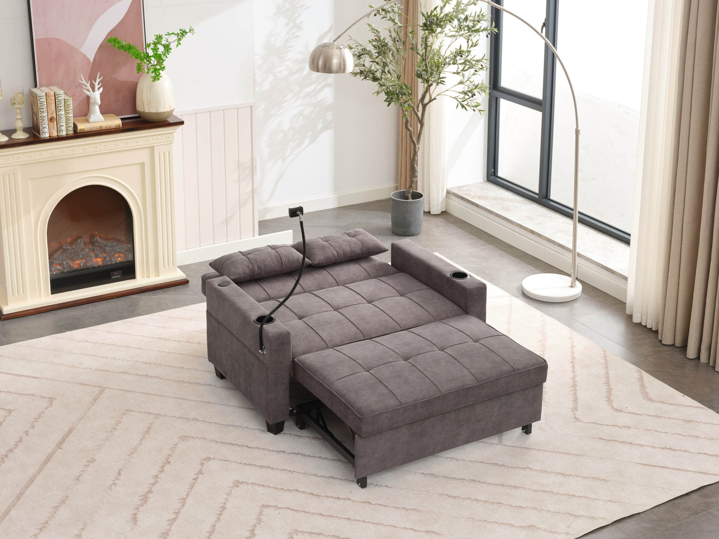 NEW Dark Grey Cloth Fabric 2 Seater Loveseat Recliner Sofa Bed with Adjustable Backrest USB and Cupholders